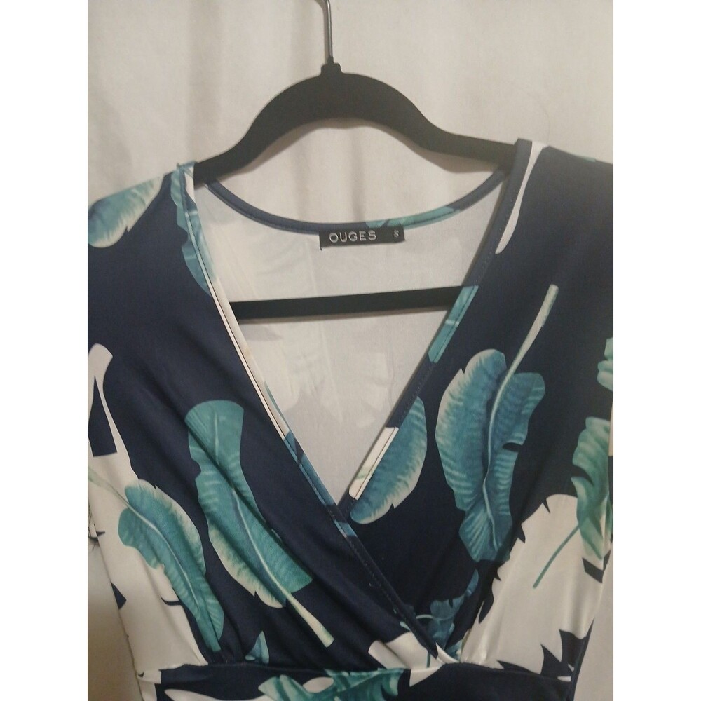 OUGES Women's S Navy Palm Print Short Sleeve Pocketed V Neck Maxi Dress - Picture 3 of 9
